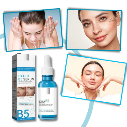 Bottle of Hyalu B5 Hyaluronic Acid Serum on a vanity, promoting youthful skin and wrinkle reduction.