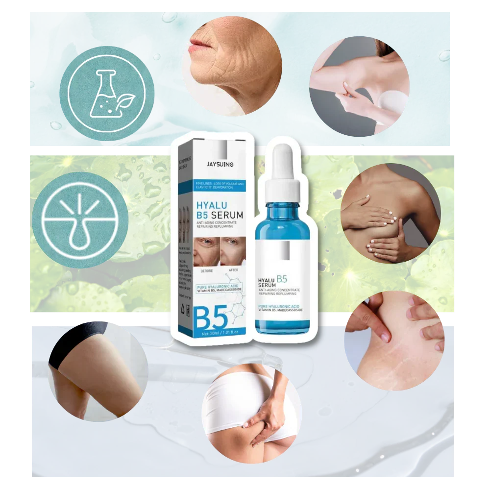 Brightening Hyalu B5 Hyaluronic Acid Serum delivering deep hydration for anti-aging facial treatment.