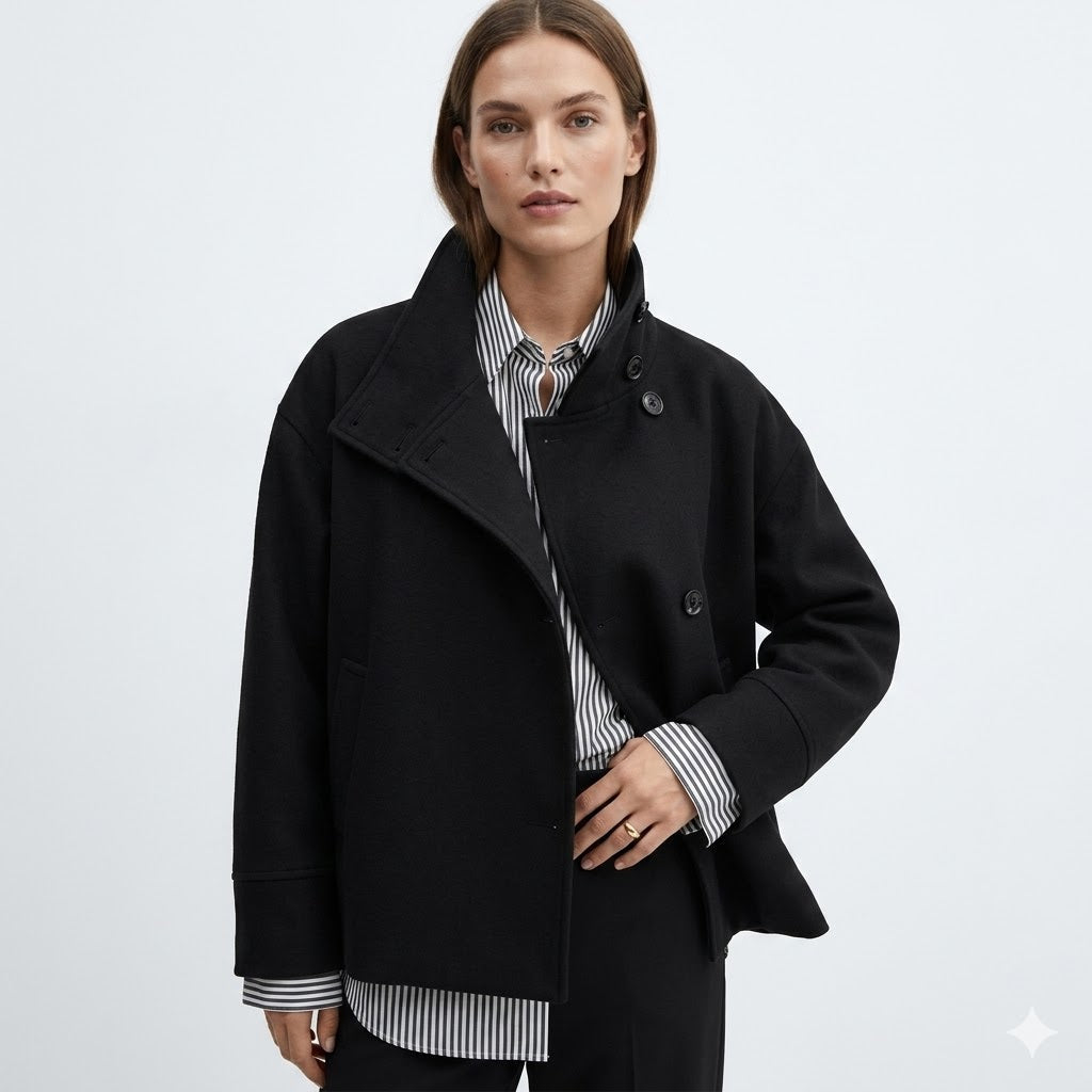 Relaxed fit women's short coat with high neck and button closure, perfect for casual fall outfits.