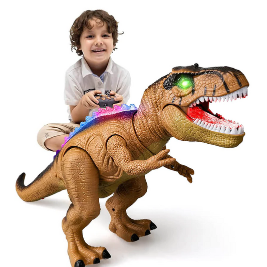 Remote Control T-Rex dinosaur toy, walking, roaring, with bright LED lights for interactive kids' play.