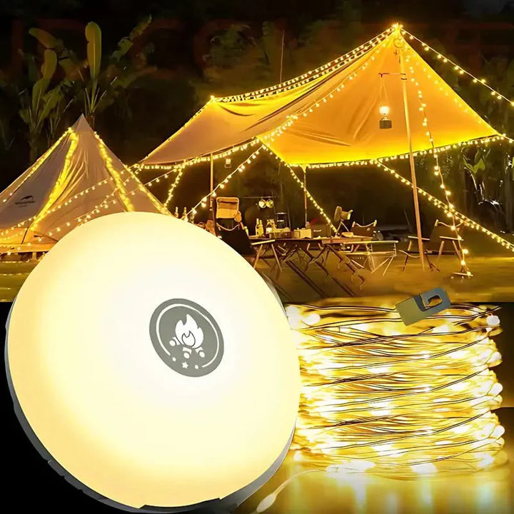 Retractable 4-in-1 camping lantern, rechargeable, converts to string or emergency light for outdoor use