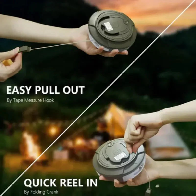 Portable LED outdoor light: rechargeable retractable camping lantern and string light combo gear