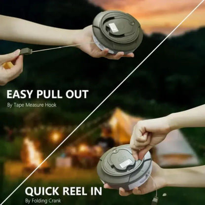 Portable LED outdoor light: rechargeable retractable camping lantern and string light combo gear