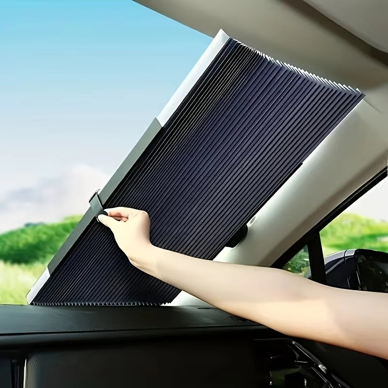 Retractable car sunshade set for front & rear windows, offering UV protection & heat blocking. Vehicle interior protection.