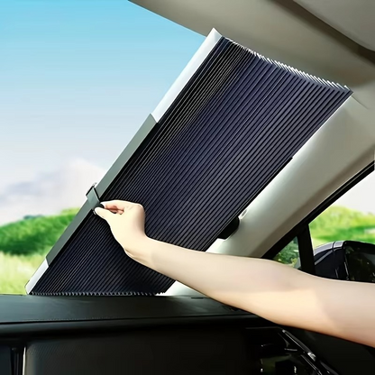Retractable car sunshade set for front & rear windows, offering UV protection & heat blocking. Vehicle interior protection.