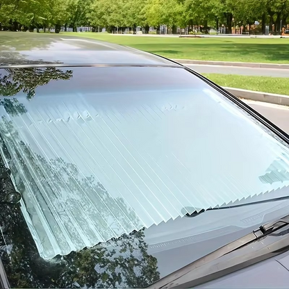 Easy-install retractable auto sunshade for windshield & rear window. Compact UV reflective design, heat blocker.