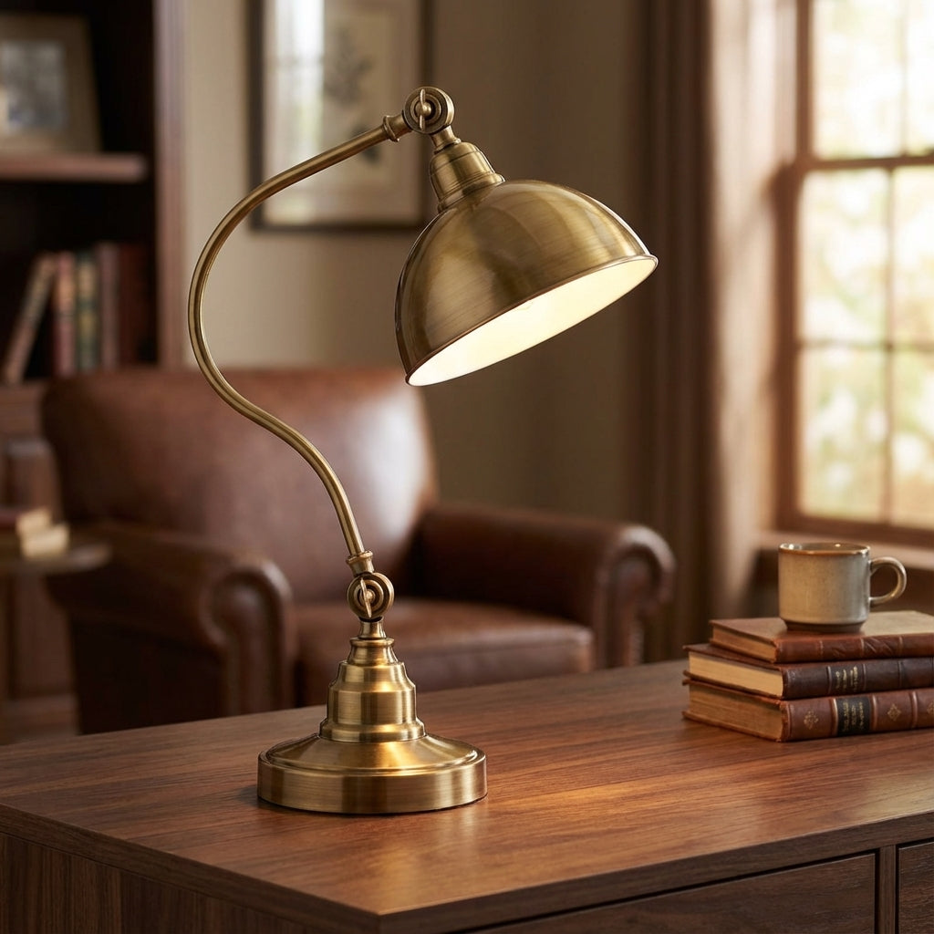 Retro Brasselle table lamp, vintage gold finish, perfect for desk, home office or bedroom accent lighting.