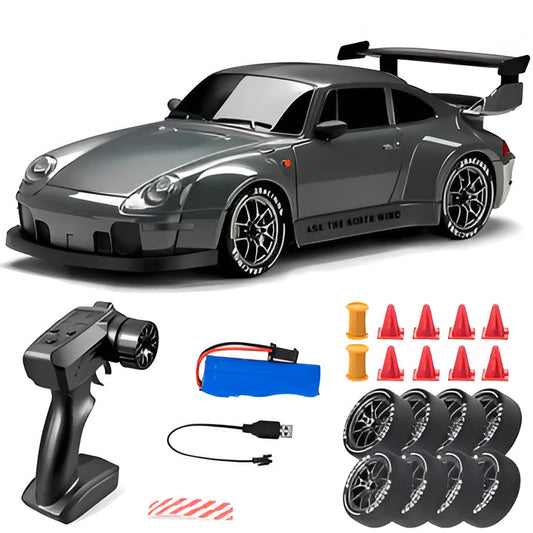 Retro Drift Master 4WD RC car with bright LED lights, perfect for remote control racing and drifting fun.