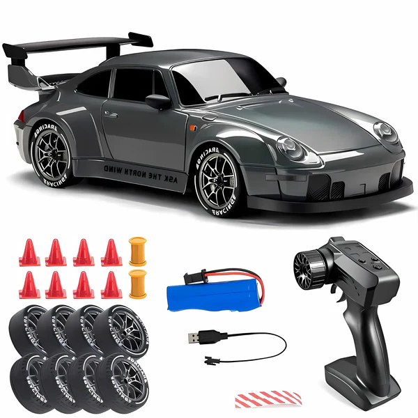 Retro Drift Master 4WD RC car with bright LED lights, ready for high-speed remote control action.