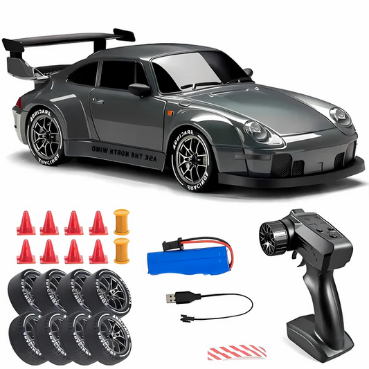 Retro Drift Master 4WD RC car with bright LED lights, ready for high-speed remote control action.
