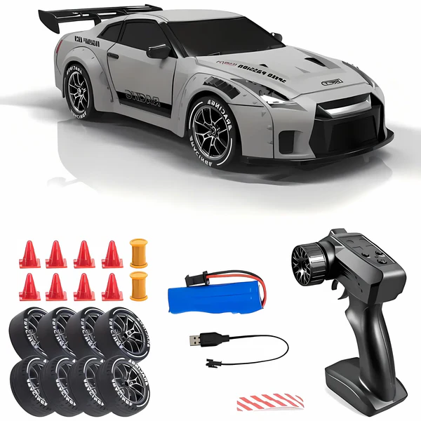 Dynamic Retro Drift Master 4WD RC car actively drifting with vibrant LED lights, showcasing its racing capability.