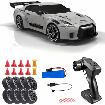 Dynamic Retro Drift Master 4WD RC car actively drifting with vibrant LED lights, showcasing its racing capability.