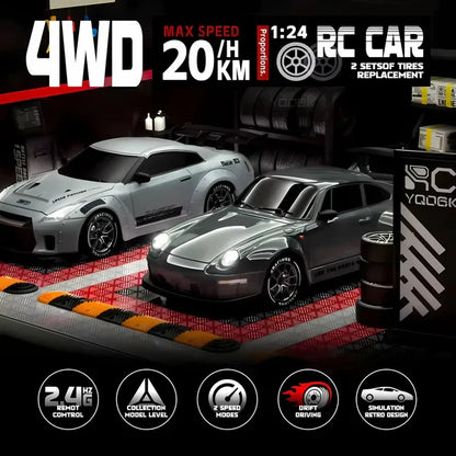 Close-up of the Retro Drift Master 4WD RC car's vibrant LED headlights & underglow, perfect for night racing.