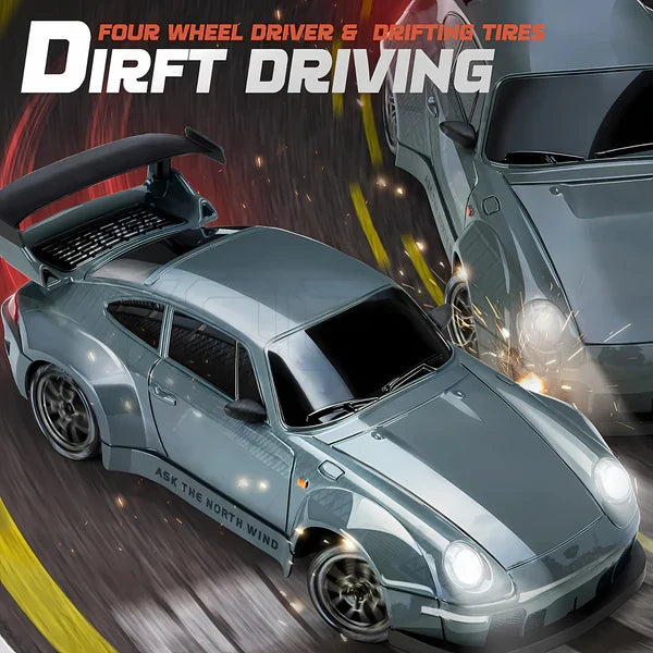 Sleek Retro Drift Master 4WD RC car from the side, highlighting its durable design and powerful electric motor.