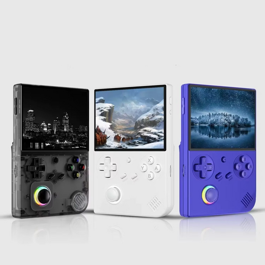 Retro handheld gaming console with a vibrant 4-inch IPS screen, perfect for portable classic games & WiFi gaming.