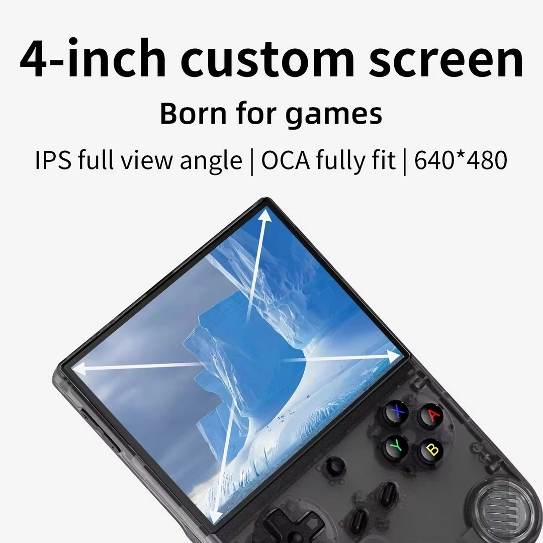 Vintage-style handheld game console with 4-inch IPS screen, WiFi for multiplayer, and Bluetooth for controllers.