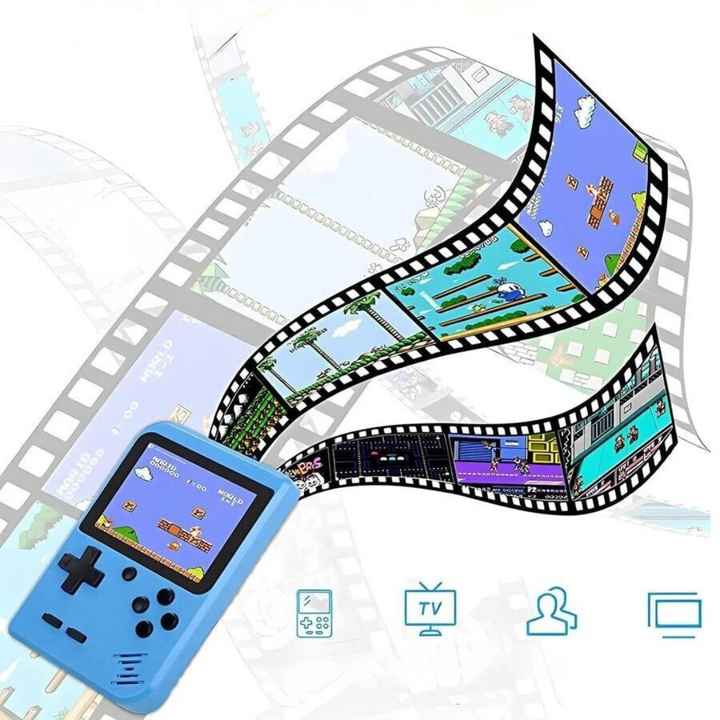 Portable retro gaming console connected to TV, showing 2-player classic game action. Perfect for nostalgic entertainment.