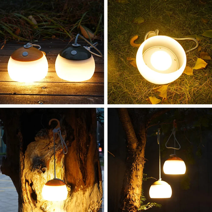 Durable retro outdoor camping lantern, USB rechargeable, providing warm light for evening campfires.