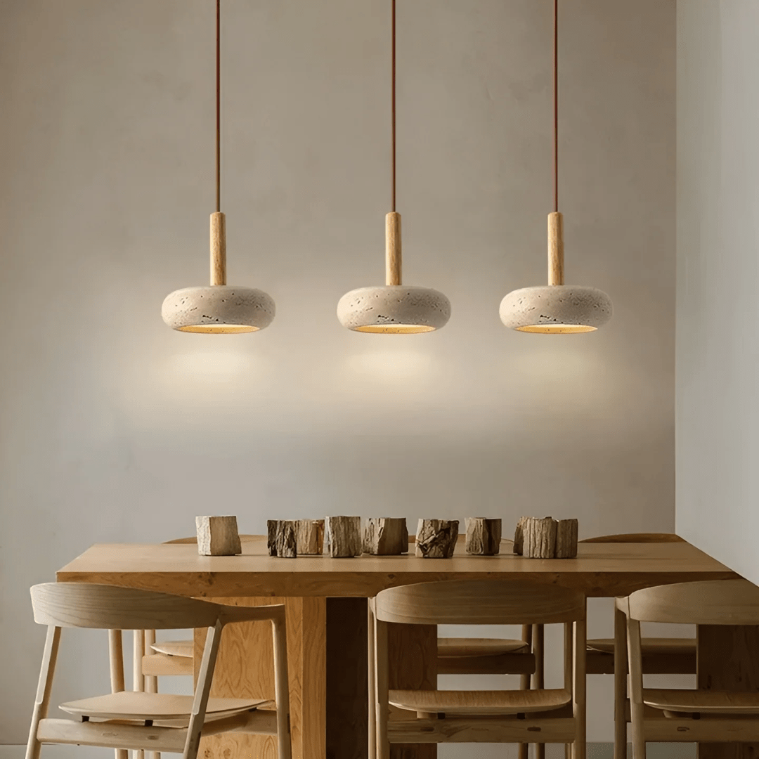 Retro LED ceiling light, natural wood & stone, Japanese style for calm ambiance.