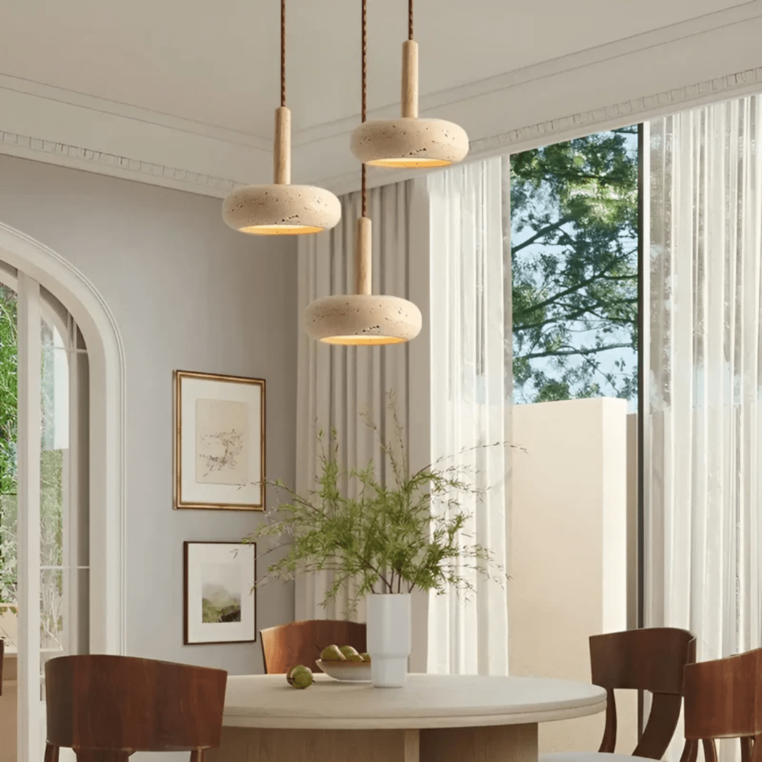 Calm ambiance with a retro LED ceiling light, featuring natural wood & stone design.