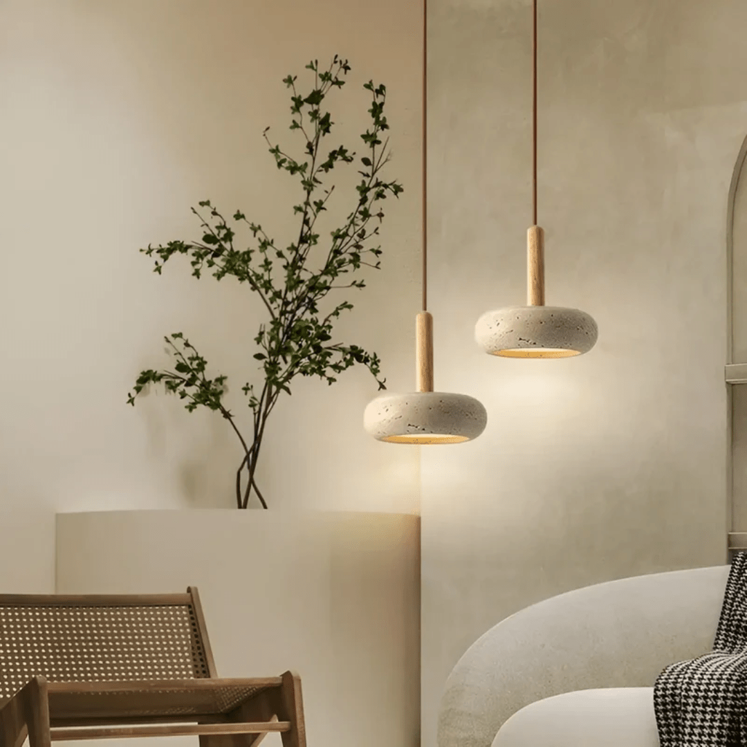 Decorative retro LED ceiling light, natural wood & stone finish, perfect for modern interiors.