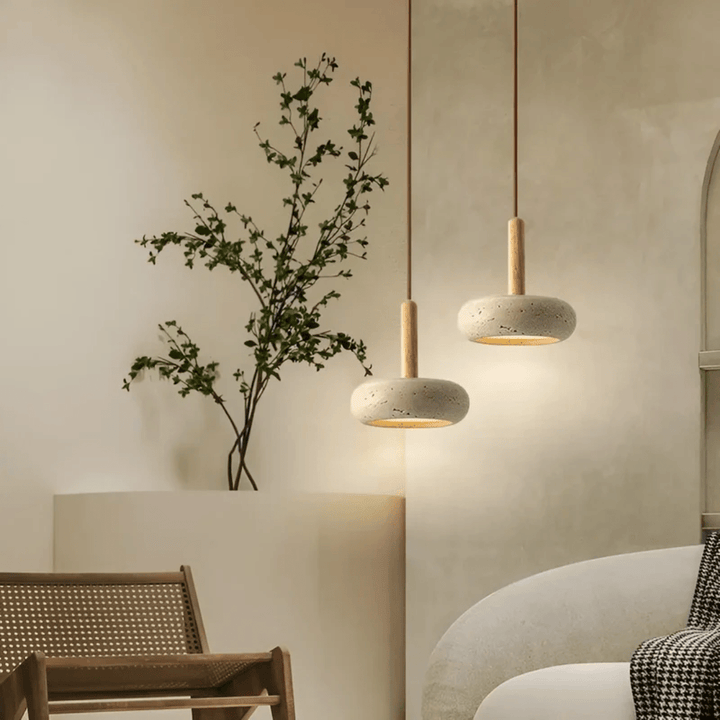 Decorative retro LED ceiling light, natural wood & stone finish, perfect for modern interiors.