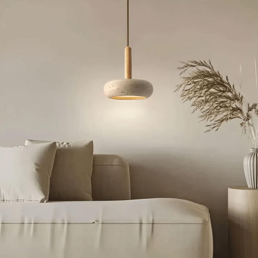 Energy-efficient LED ceiling light, retro wood & stone design, casting an ambient glow.