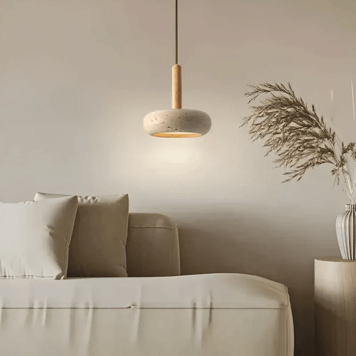 Energy-efficient LED ceiling light, retro wood & stone design, casting an ambient glow.