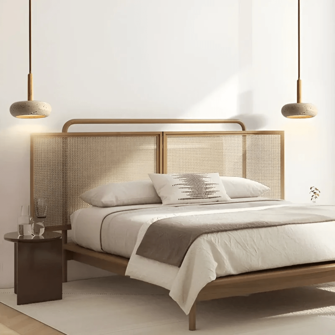 Japanese style wood & stone LED ceiling light, modern retro design, enhances any room.