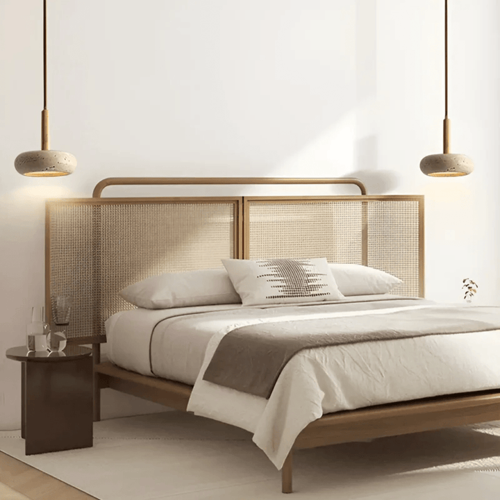 Japanese style wood & stone LED ceiling light, modern retro design, enhances any room.
