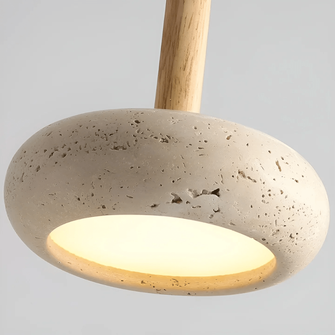 Unique retro LED ceiling light, combining natural wood & stone for a serene, calming ambiance.
