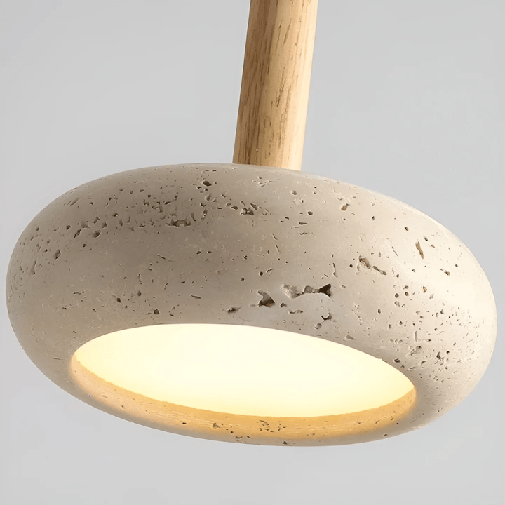 Unique retro LED ceiling light, combining natural wood & stone for a serene, calming ambiance.