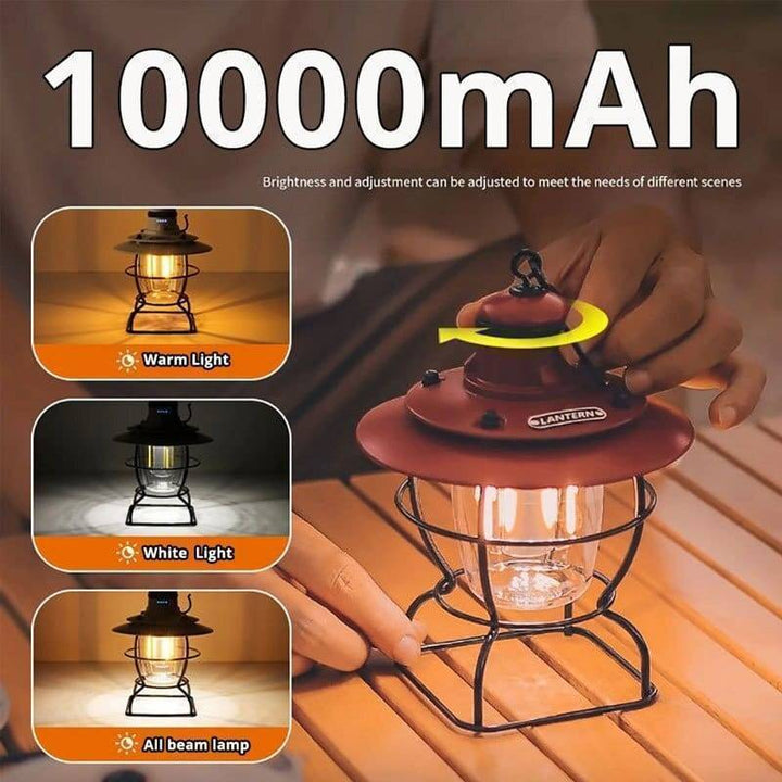 Retro rechargeable camping lantern with three light modes, perfect for vintage outdoor adventures or emergencies.