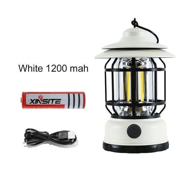 Compact retro camping lantern, offering bright and dimmable light with convenient USB charging.