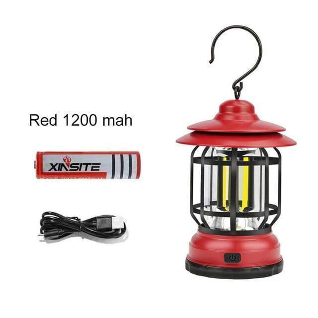 Decorative and functional retro camping lantern, rechargeable for sustainable outdoor lighting.