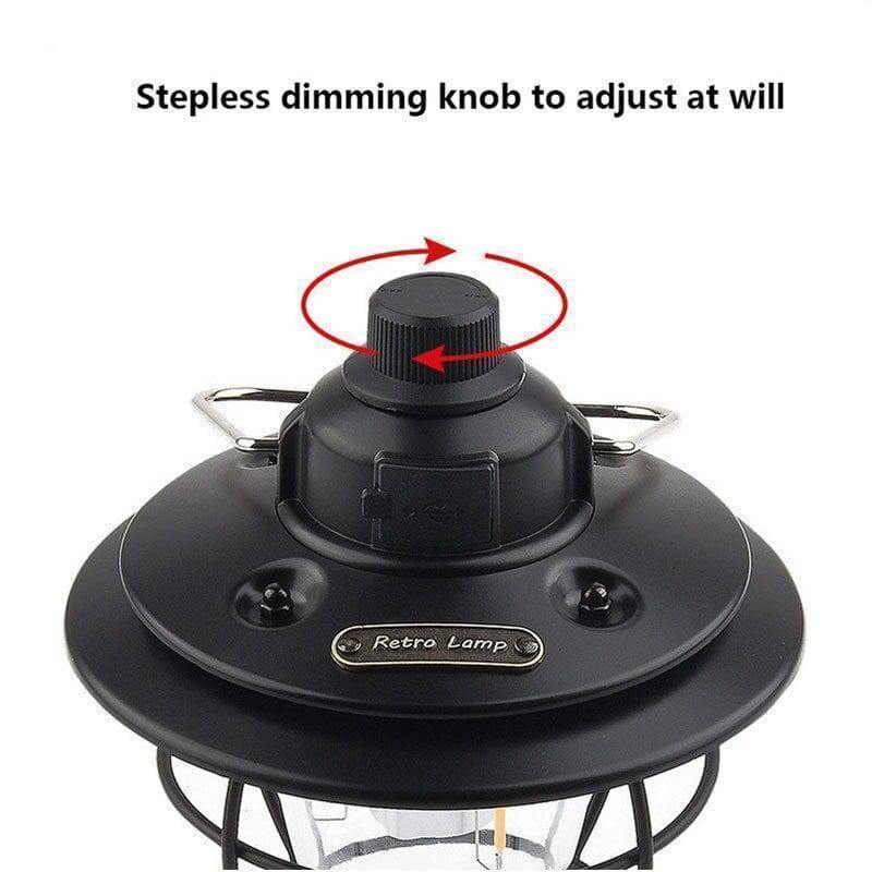 Dimmable retro camping lantern with long-lasting rechargeable battery, providing warm outdoor light.