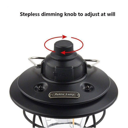 Dimmable retro camping lantern with long-lasting rechargeable battery, providing warm outdoor light.