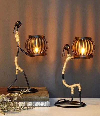 Stylish retro metal candle holder as a centerpiece on a dining table, enhancing home decor.