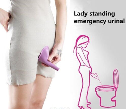 Portable female urination device in soft pink silicone for discreet outdoor peeing.