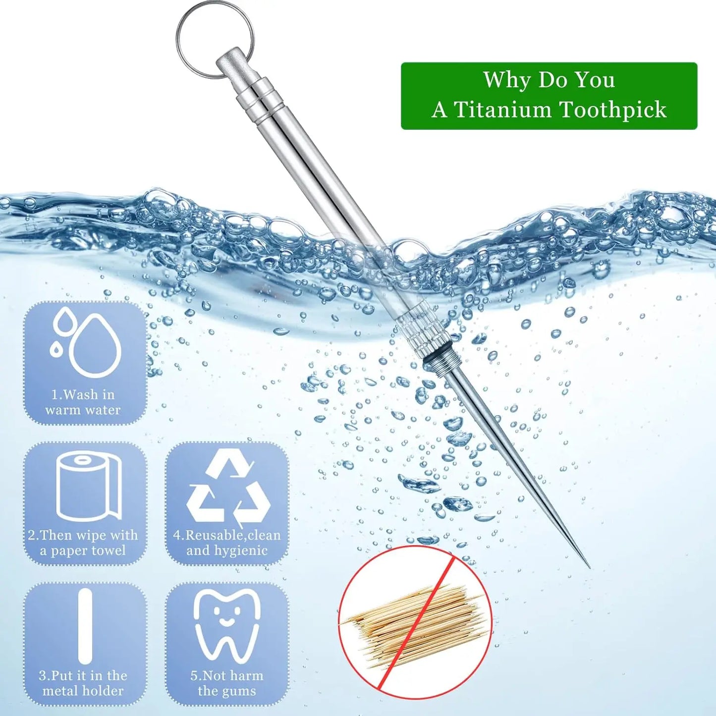 Close-up of a sleek reusable titanium toothpick, durable and eco-friendly survival tool
