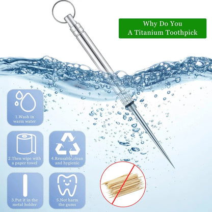 Close-up of a sleek reusable titanium toothpick, durable and eco-friendly survival tool