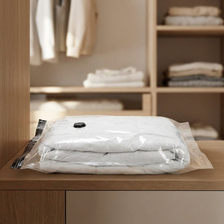 Reusable vacuum storage bags for compressing clothes & bedding, saving space in closets & for travel.