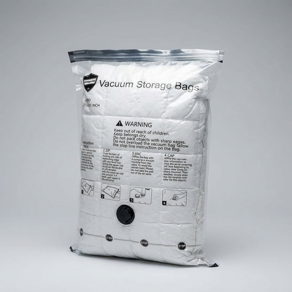 Space-saving vacuum compression bags, perfect for travel & suitcase organization, protecting clothes from dust.