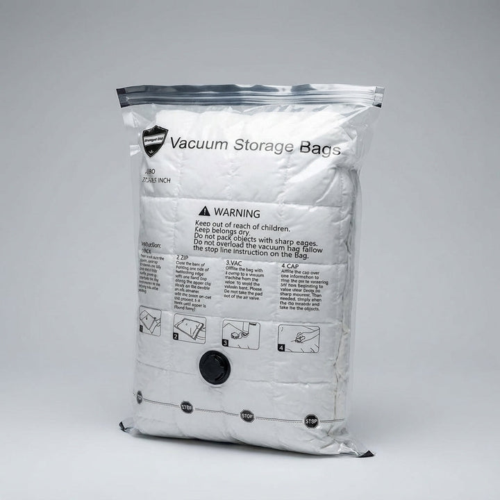 Space-saving vacuum compression bags, perfect for travel & suitcase organization, protecting clothes from dust.