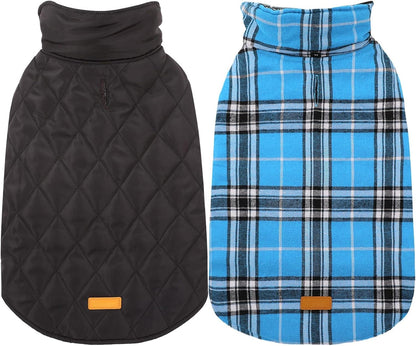 Reversible waterproof dog winter jacket in British style. Warm pet coat for small to large dogs.