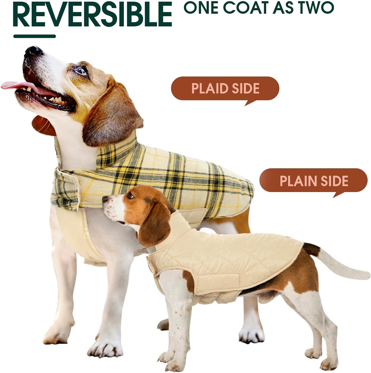 Outdoor dog gear: reversible waterproof winter jacket. British style coat for active pets.
