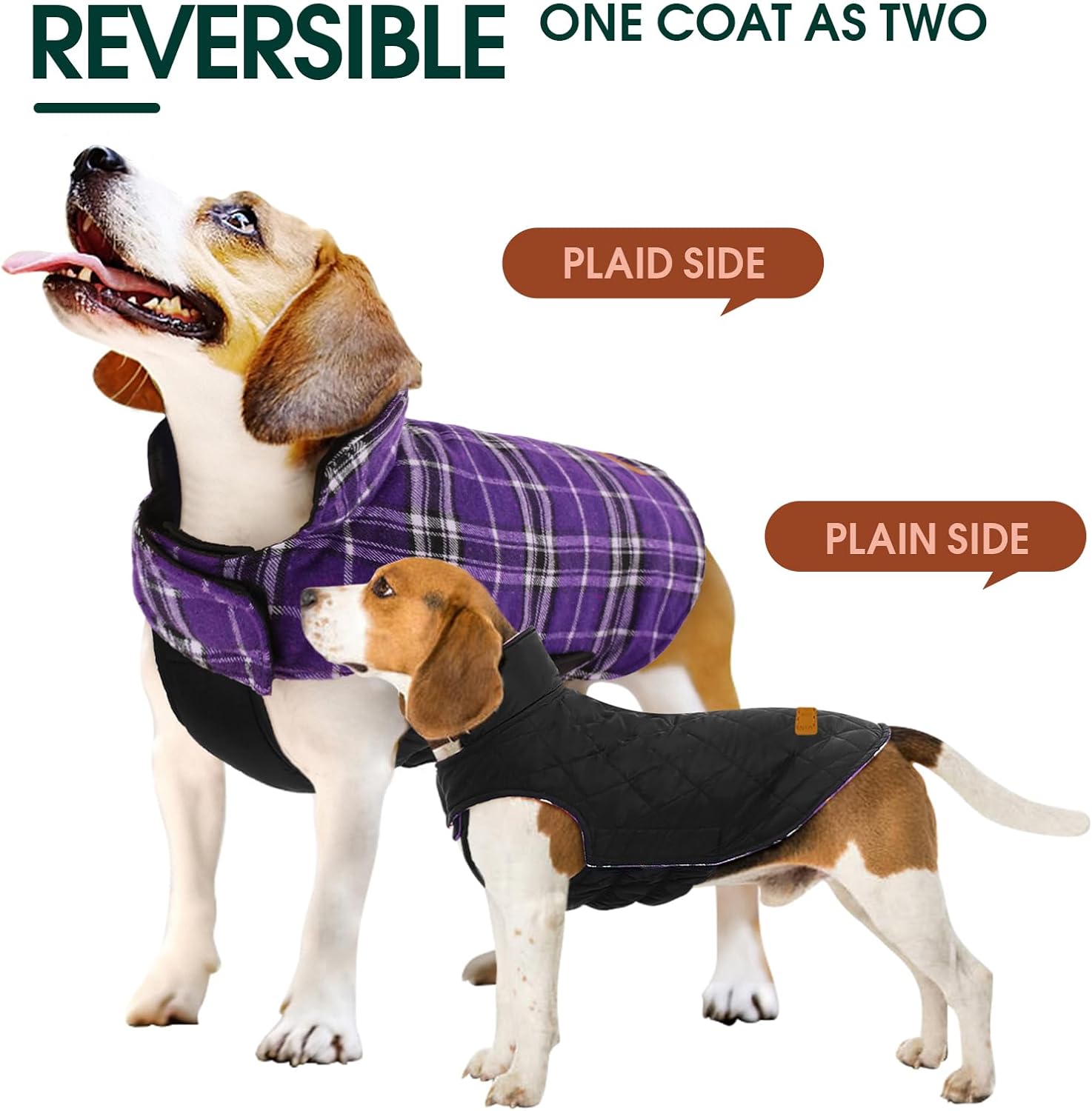Warm dog apparel: reversible waterproof British style winter coat. Perfect for cold outdoor adventures.