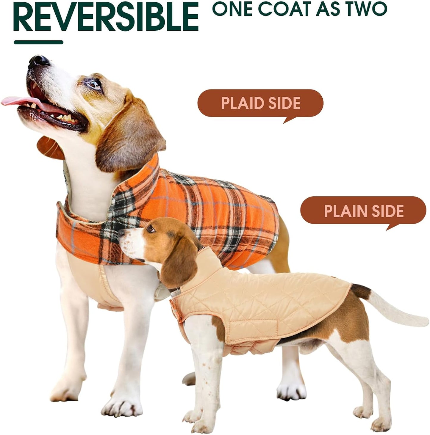 Cozy & waterproof dog jacket. Reversible British style winter coat for all dog sizes.