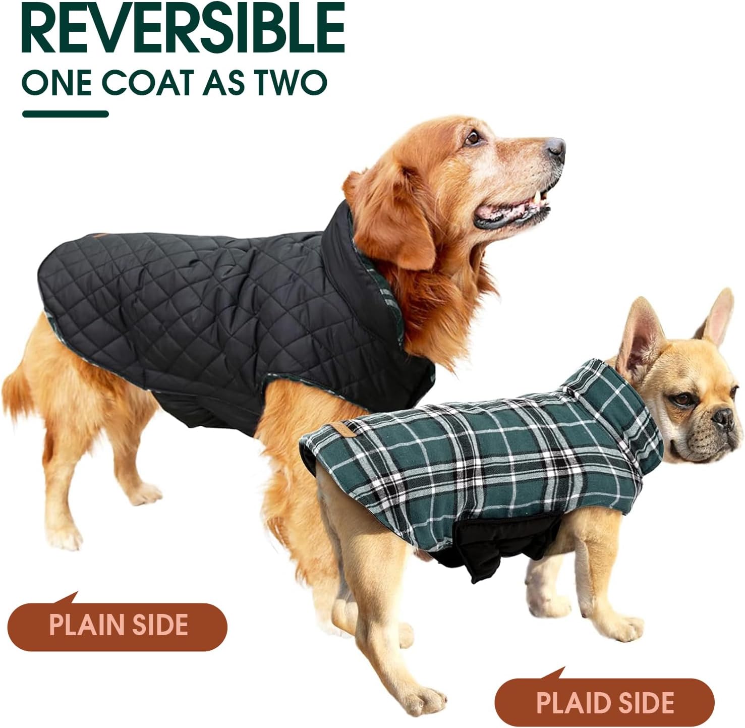 British style reversible dog coat. Waterproof winter jacket for small, medium, and large dogs.
