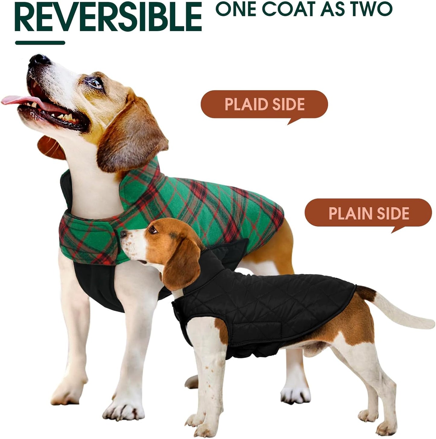 Cold weather pet coat: reversible, waterproof, British style winter jacket for dogs.